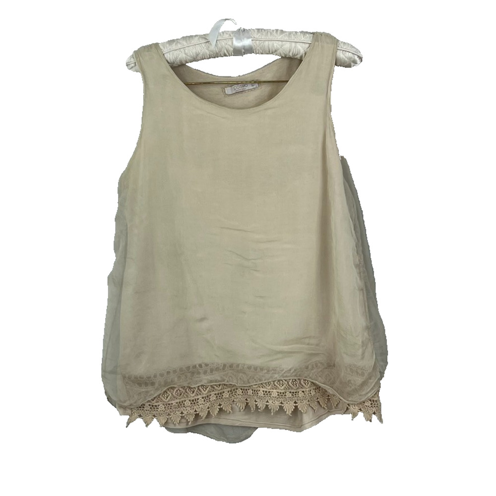 Cosmo Tank Top Size Large Beige Silk Flowy Sheer Overlay Delicate Made In Italy